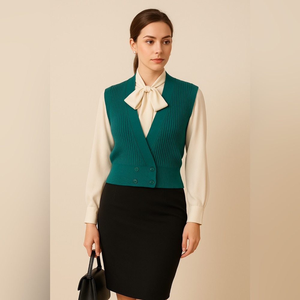 Vintage Teal V-Neck Ribbed Cropped Sweater Vest
